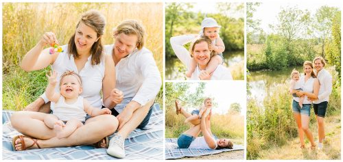 Collage Familienfotos Eltern mit Baby im Grünen an der Ochtum